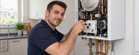 Kombi üzerinde çalışan teknisyen