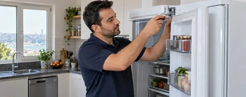 Buzdolabı üzerinde çalışan teknisyen